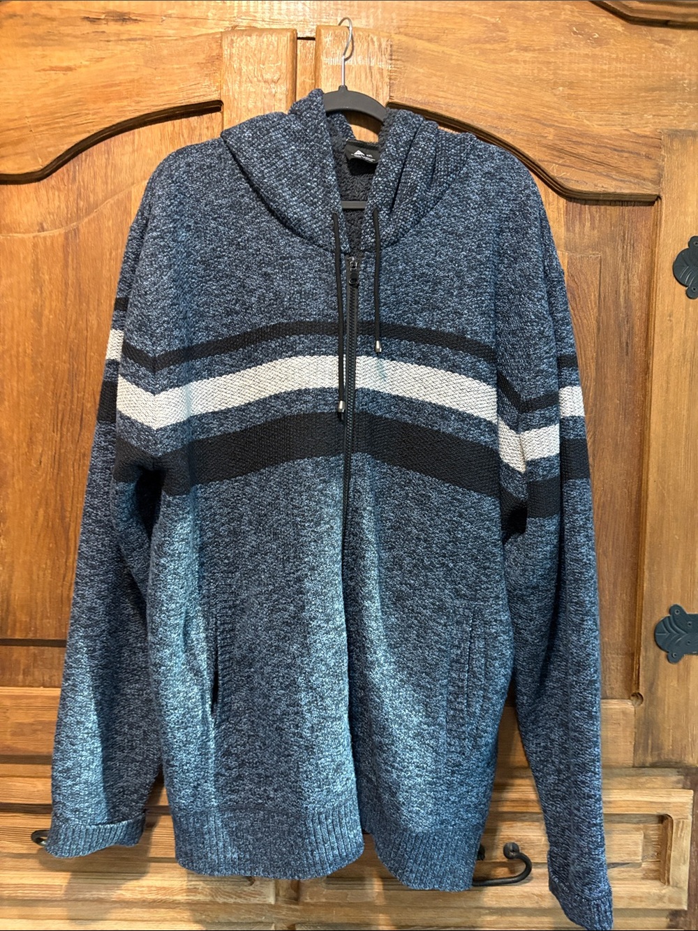 SR Men's Blue Zip-Up Hooded Sweater with Contrast Stripes